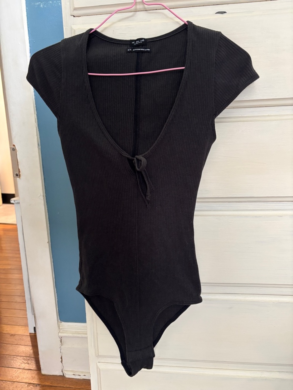 Urban Outfitters Black Ribbed Tie-Front One-Piece Bodysuit
